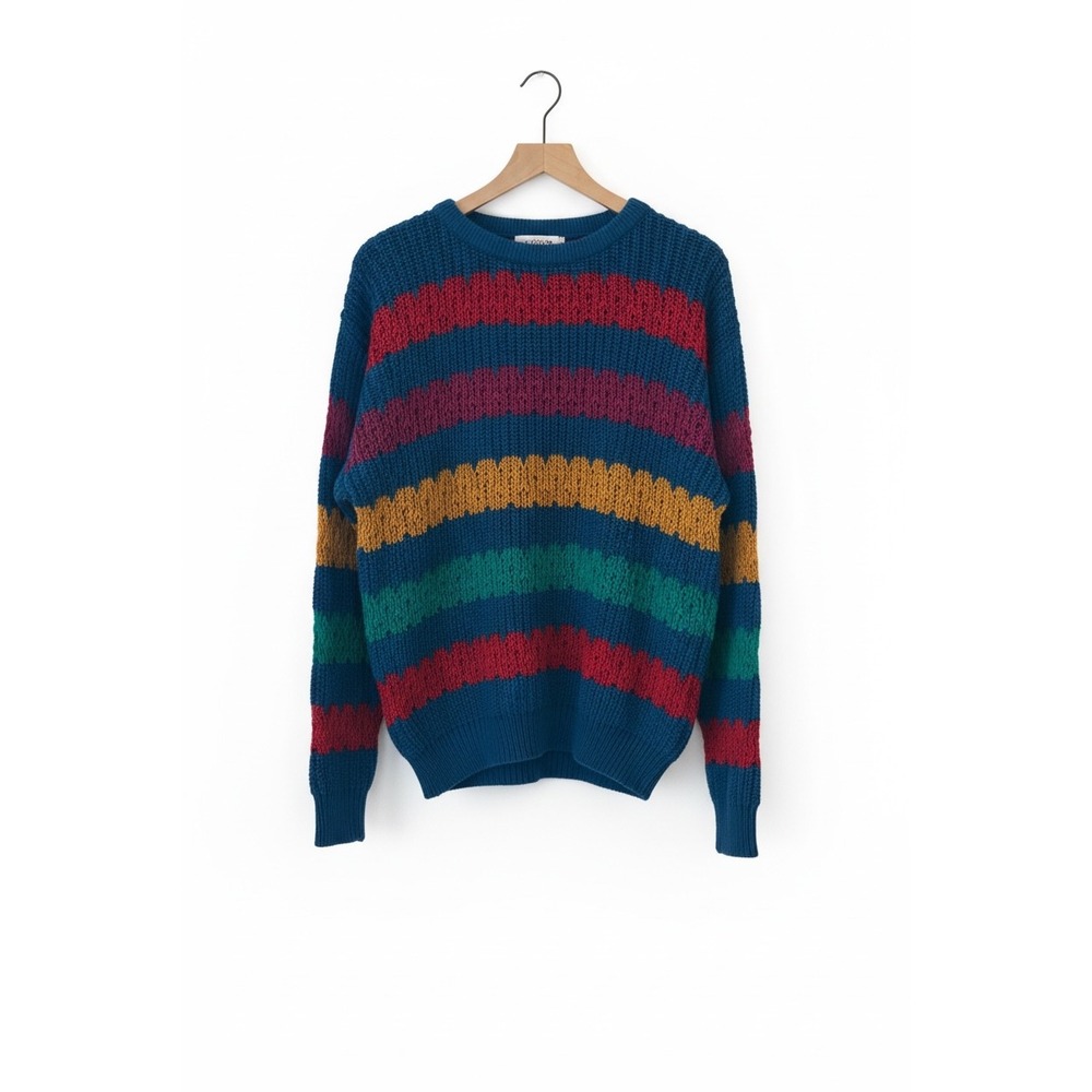Vintage Jantzen | Striped Cotton Knit Sweater Small Blue Red Grandpa Made in USA